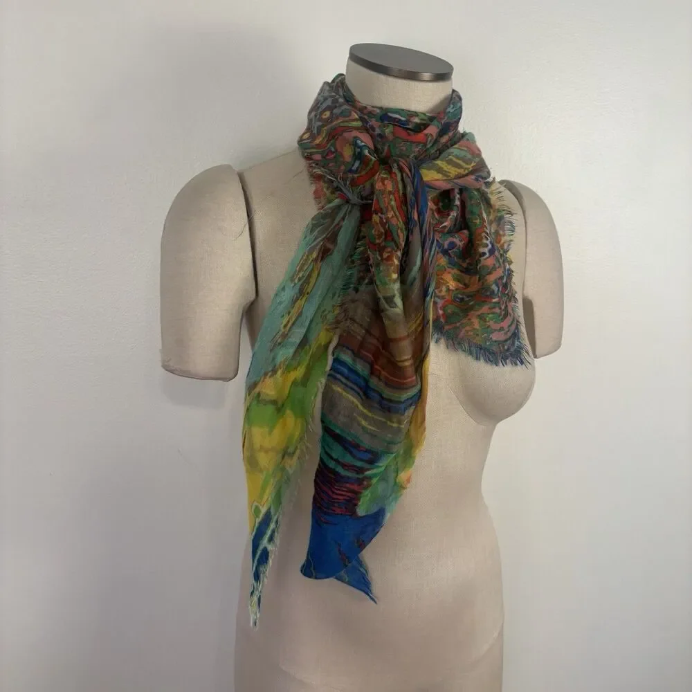 Vibrant Multi Color Paisley Abstract Scarf Large Square Lightweight Fringed